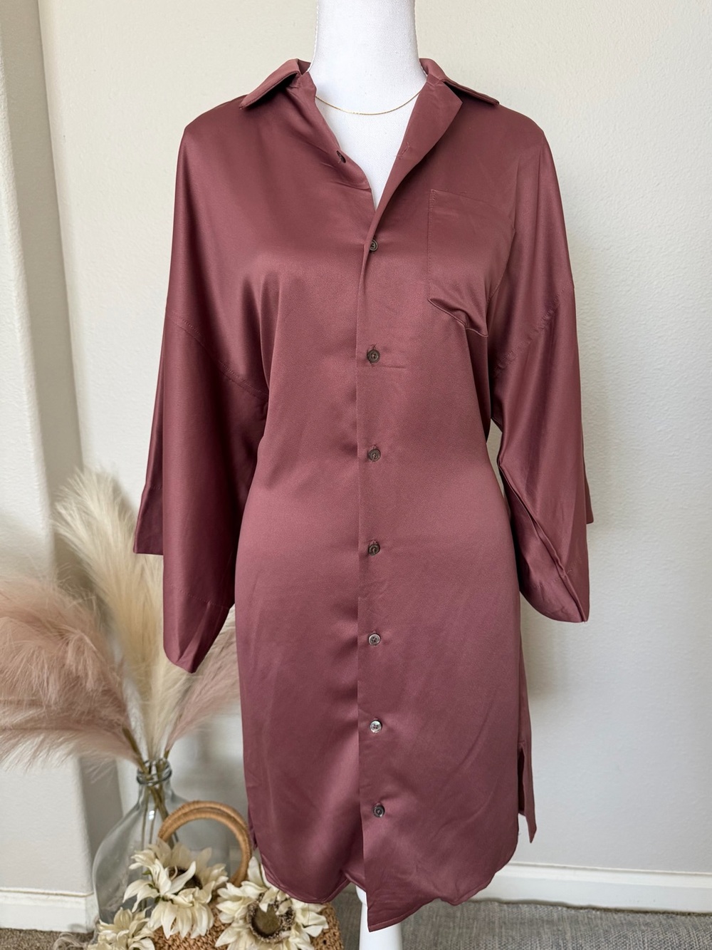 NWT - Satin Like finish in Mauve Button-Front Tunic Shirt/ Mini Dress